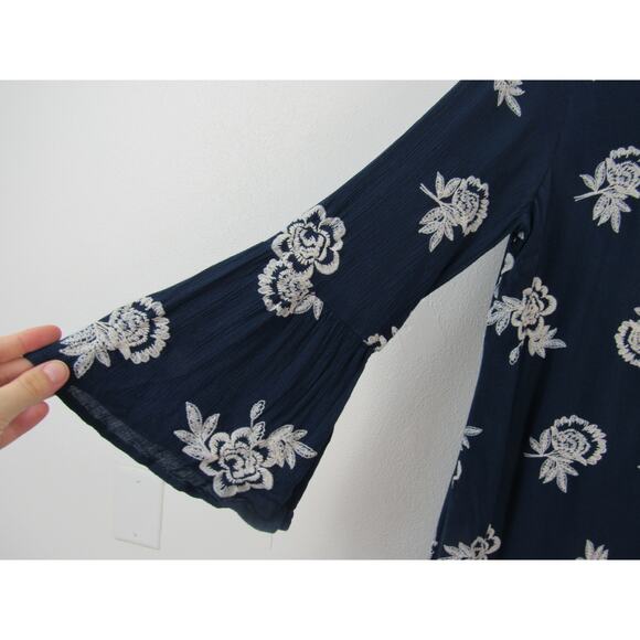 Luxology XL Blue Dress White Embroidered Flowers Scoop Neck Long Bell Sleeves - Picture 3 of 6